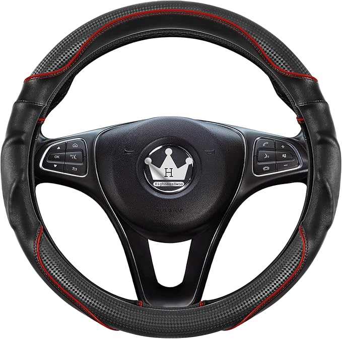 HighnessHwoo 3D Car Steering Wheel Cover Comfort Grip Massage Sporty Anti-Slip Carbon Fiber Faux Leather for F150, Trucks, Jeep, Van, Car Handle Covers for All Seasons, 15.2-16in, Red