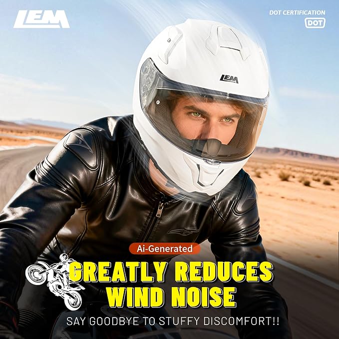 LEM Motorcycle Helmets Full Face for Men, Motorcycle Helmet for Adults, DOT Certified, PINLOCK & DVS Dual Vision, Motorcycle Street Bike Helmet, Bluetooth Speaker Pockets (White Large) VZN FP09