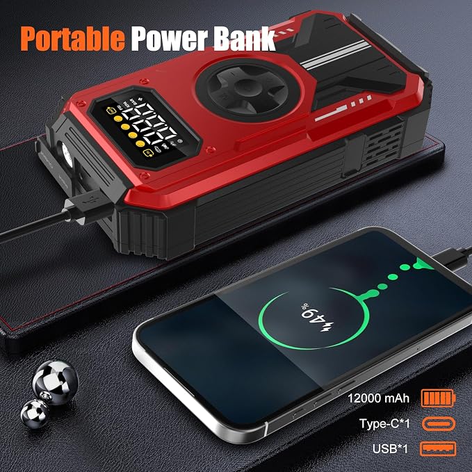 PD-270 6000A Jump Starter with Air Compressor, 150 PSI Portable 12V Car Battery Booster (Up to 7.5L Gas/6.5L Diesel), LCD Display, LED Light & Power Bank