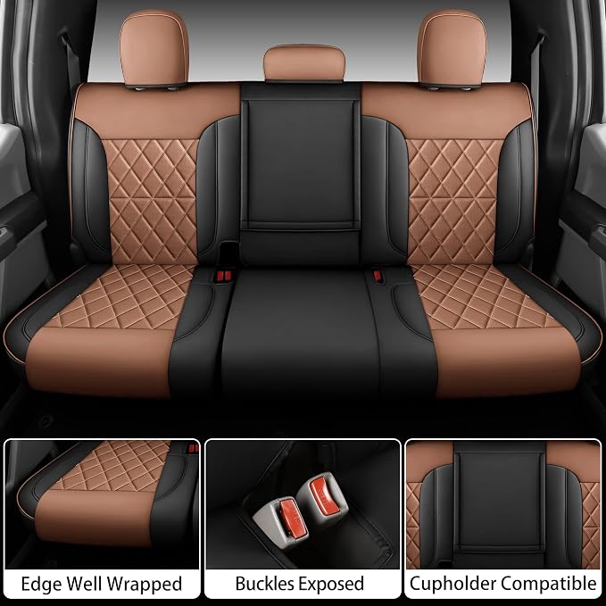 Custom Napa Leather Seat Covers for Chevy Silverado & GMC Sierra Crew Cab, 46-Split Flat Rear Bench Design, Compatible with 2019-2026 1500 and 2020-2026 2500HD 3500HD(Full Set, Black&Brown)