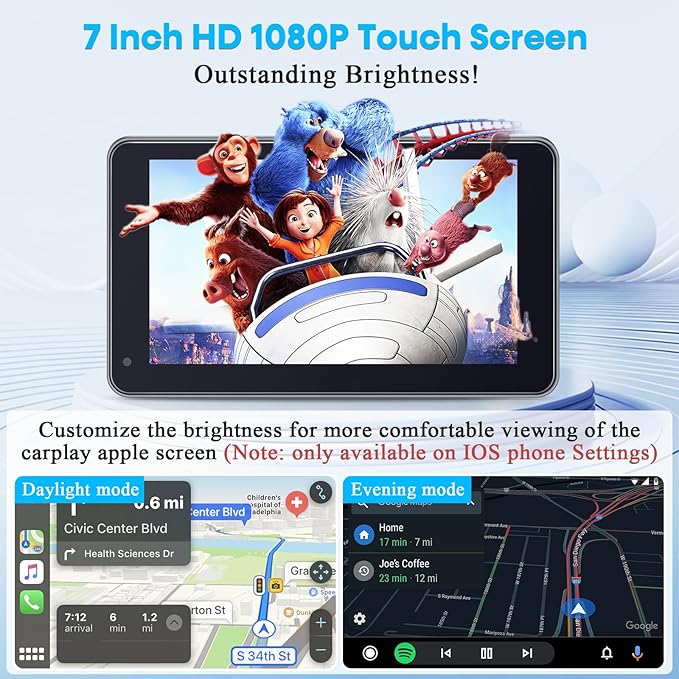 3-Min Easy Install Portable Wireless Carplay Screen: Plug-Play Support Apple CarPlay & Android Auto - 7 Inch HD 1080P Car Touchscreen Upgrade Voice Control GPS Navigation for Commuters & Older Cars