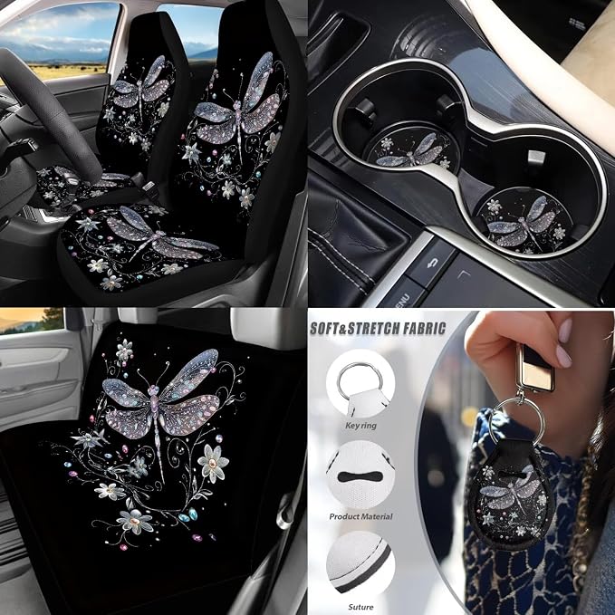 Dragonfly Car Accessories Set 17 Pack Starry Sky Dragonfly Car Seat Covers Full Sets with Vehicle Front Rear Carpets Mats Seat Belt Shoulder Pad Steering Wheel Covers Car Interior Supplies