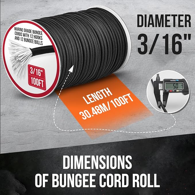 Marine Grade Heavy Duty Bungee Cord Roll with 12 Hooks 12 Bungee Balls- Black Elastic Shock Cord for Kayak Deck, Outdoor Camping, Tarp Tie Downs, Bike Rack, DIY Assorted Bungee Ropes (3/16" x 100ft)