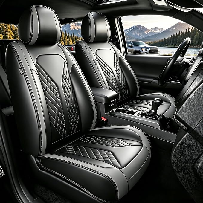 Seat Covers Full Set Compatible with 2024 2025 2026 Toyota Tacoma Double Crew Cab Waterproof Leather Seat Protectors Custom Fit for Trucks (Black&Grey)