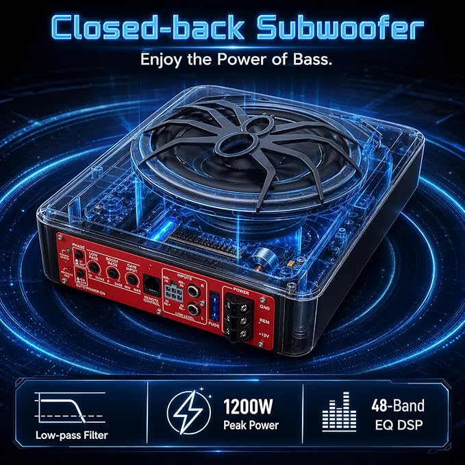 10" 1200W Car Subwooferr - Underseat Subwoofer with Built - in Amplifier, Aluminum Enclosure, High/Low Level Inputs, Blue LED Light and Wired Remote for Truck, SUV, car, Jeep and MPV