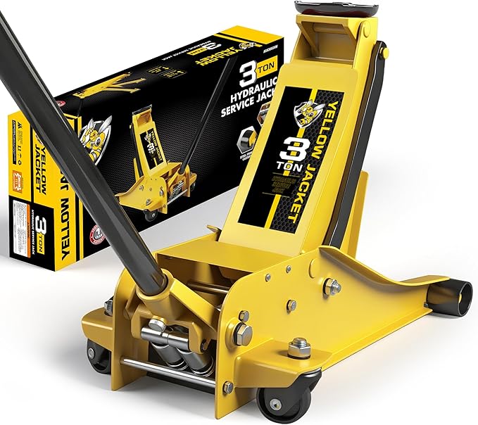 YELLOW JACKET 3 Ton Hydraulic Floor Jack Dual Pump for Quickly Car Lift, Low Profile Service Jack, 6600 lb Capacity