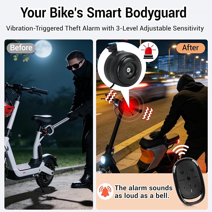 Electric Bike Horn and Alarm System, 125dB, USB-Rechargeable, Waterproof, Remote Control