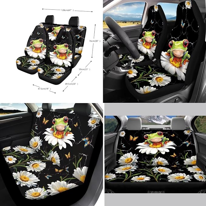 Suobstales Frog Daisy Marble Print Car Seat Covers Front Back Split Bench Protector for SUV Truck Van, 15 Inch Steering Wheel Covers, Seat Belt Covers, Coasters, Keychain Auto Decor for Women Men