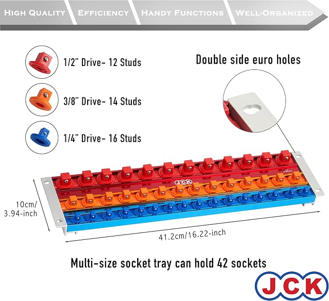 JCK Professional Quality Aluminum Three-Size of Socket Organizer Tray | Holds 42 Sockets | 360 degree rotary positioning studs, moveable secure socket, Socket Rack Kit,1/4 3/8 1/2