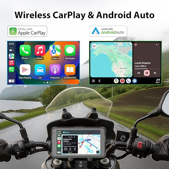 Sunweyer 5" Portable Motorcycle Touchscreen with Wireless CarPlay & Android Auto, TPMS, Wireless GPS Navigation, Dual Bluetooth, IP68 Waterproof, Easy Installation (W16)