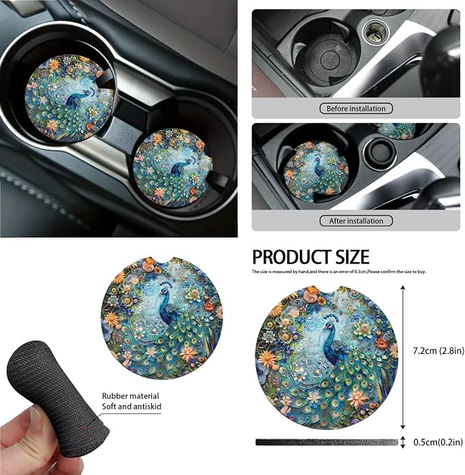 Peacock Flower Print 15Pcs Car Interior Cover Set Includes Car Seat Covers Front and Back Full Set Steering Wheel Cover Safety Belt Pads Rear View Mirror Protector Cup Mats, Blue