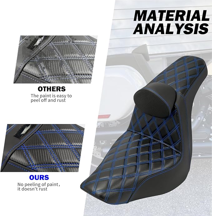 Motorcycle Seat Driver Passenger Seat with Backrests for Harley Low Rider Low Rider S ST 2018-up (Black with blue stitching)