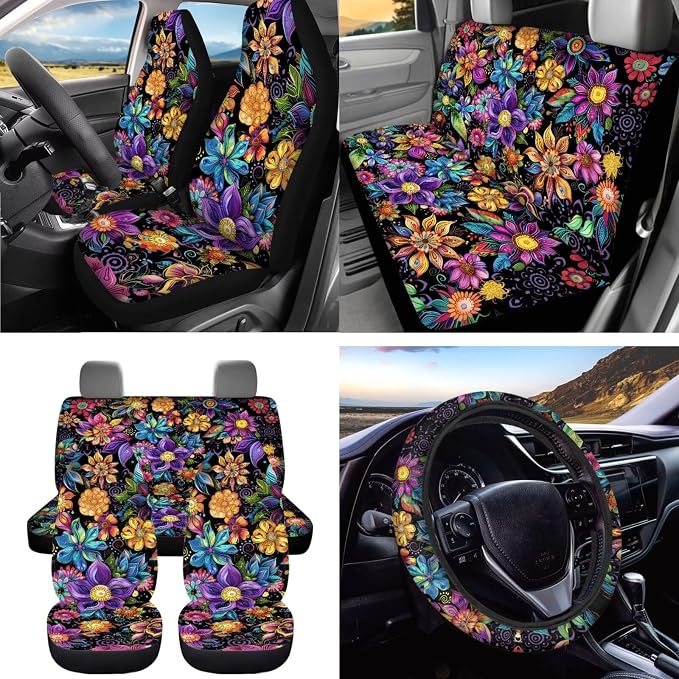 Dreaweet Boho Floral Car Seat Covers Full Set for Women Flower Car Accessories Set 15 Pcs Car Steering Wheel Cover Seat Belt Pad Trash Bag Vent Storage Bag Rearview Mirror Cover Car Coasters Keychain