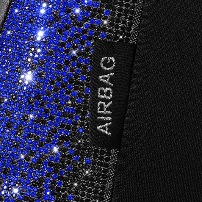 CAR PASS Bling Diamond Black Leather Car Seat Covers Full Set Interior Sets, Waterproof Shining Glitter Sparkly Crystal Universal Armrest Fit Automotive Truck SUV Cute Women Girl, Blue Rhinestone