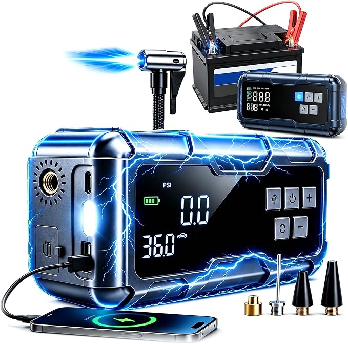9000A Jump Starter with Air Compressor 10-1 Portable Tire Inflator German Fast-Charging Power Bank Car Diesel Battery Booster for Car Owners Camping, Road Trips, Family Safety & Gift