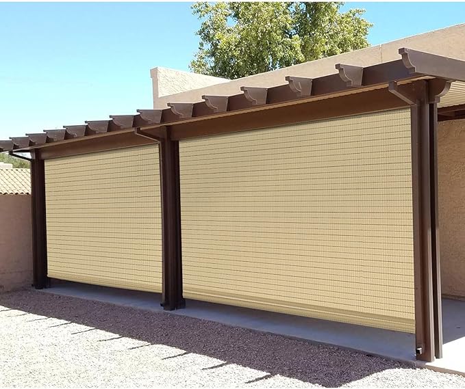 E&K Sunrise 5'W x 14'H Roll Up Shade Outdoor Hollow Out Roller Blind Sun Shade for Patio Porch Backyard Gazebo Deck Pergola (Beige)