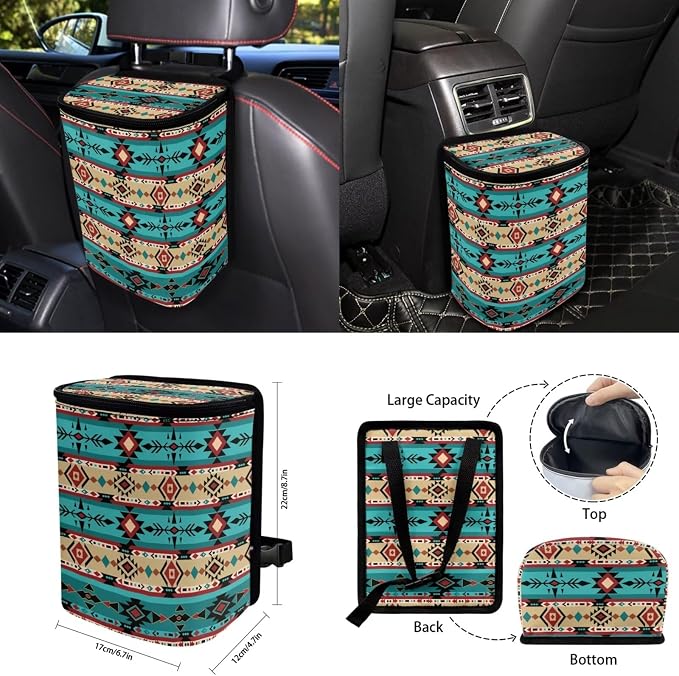 Western Aztec Car Seat Covers Set of 15 with Universal Steering Wheel Cover, Rearview Mirror Cover, Car Trash Can, Seatbelt Pads, Cup Holder Coasters, Keychains