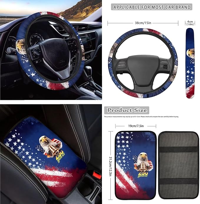 Eagle Print Car Seat Covers Set of 18 American Flag Print Car Front Rear Seat Covers with Steering Wheel Cover Safety Belt Pad Armrest Cushion 250 Years Interior Decor for Cars