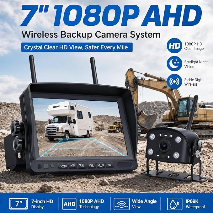 Wired Back Up Camera with Monitor,7" 1080P AHD RV Bakup Camera with Night Vision,Vibration-Proof 10G,Backup Camera for Tractor,Truck,Excavator,Caravan,Skid Steer,Heavy Equipment（Plug-and-Play）