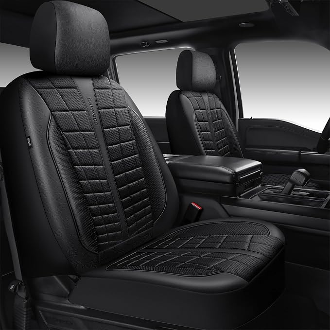 CAR PASS 3D Air Mesh Seat Covers for Car, Leather Car Seat Cover Front Seats, Breathable Foam Premium Leather Mesh Front Seat Covers Universal Fit for Cars Sedans Trucks Vans SUVs, All Black