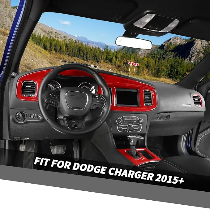 Jimen Fit for Dodge Charger 2015-2023, Center Console Dash Instrument Panel & Gear Shift Cover Trim (Red)