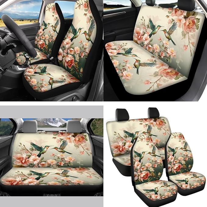Hummingbird Vintage Flower Automotive Seat Covers Accessory 14pack Hummingbirds Car Seats Full Set with Steering Wheel Cover Shoulder Seatbelt Pads Vehicle Cup Pad,Interior Mirror Covers