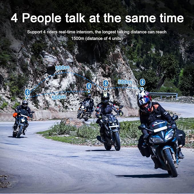 Novamente V4 Plus Motorcycle Bluetooth Headset, 4-Way 1500m Helmet Intercom with IP65 Waterproof,Noise Cancellation,FM (2Packs)
