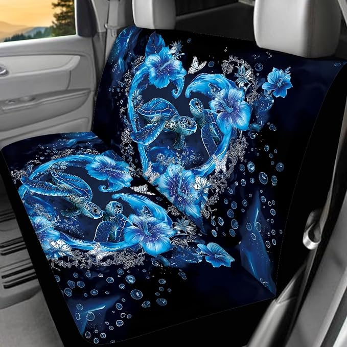 Sea Turtle Car Accessories Set 17 Pack Blue Turtle Car Seat Covers Full Set with Animal Car Mats Full Seat Belt Pads Steering Wheel Covers Car Seat Accessory Protector for Women Man