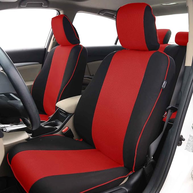 FH Group Automotive Seat Covers Edgy Piping Seat Covers Full Red Set Interior Accessories,Universal Fit Combo Vinyl Floor Mats Seat Covers Car for Cars and Vans Airbag and Split Rear Automotive
