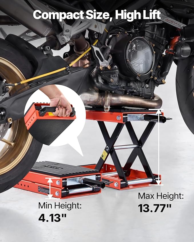 VEVOR Motorcycle Lift, 1500 lbs Motorcycle Scissor Lift Jack with Wide Deck & Lock Pin, 4.13"-13.77" Center Hoist Crank Stand, Steel Scissor Jack for Street Bikes, Cruiser Bikes, Touring Motorcycles