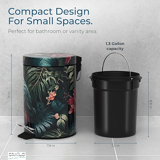 Sanilo Small Bathroom Trash Can with Lid [1.3 Gallon] - Lidded Tiny Trashcan for Garbage - Mini Metal Bin with Soft Closing Mechanism - Bath Room Accessoire Wastebin with Inner Bucket (Exotic)