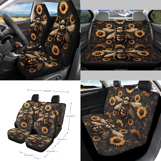 Bee Sunflower Pattern Car Seat Covers Full Set Steering Wheel Cover Seatbelt Covers Keychain Coasters Trash Bin Air Outlet Pocket Rearview Cover, 15pcs Car Interior