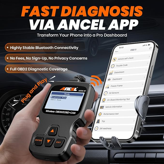 ANCEL AD310BT 2-in-1 Bluetooth OBD2 Scanner, Engine Code Reader for iPhone & Android, Battery Test, Trip Analysis, Performance Test, Car Diagnostic Tool for Most 1996+ OBD2 Vehicles