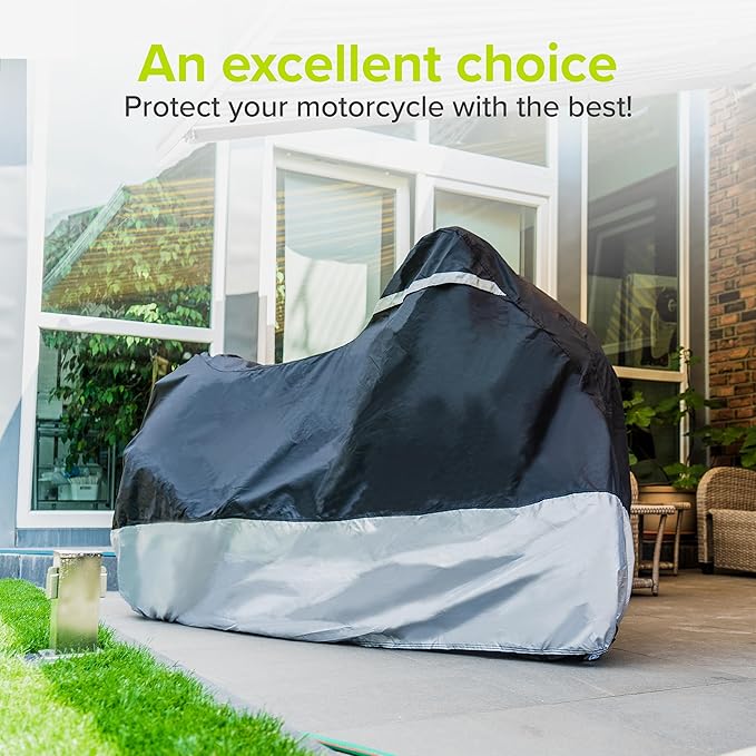 VELMIA Motorcycle Cover Extremely Heat Resistant up to 550 F I High Standard Motorcycle Cover Waterproof Outdoor for All Seasons, Motorcycle Storage, Scooter Cover, Moped Cover, Harley Cover