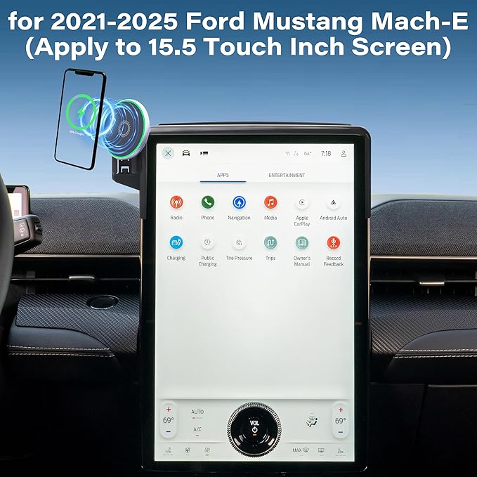 Car Phone Holder for 2021-2025 2026 Ford Mustang Mach-E Accessories Apply to 15.5 Inch Touch Screen 15W Fast Wireless Charger Screen Fixed Clip Cell Phone Mount Hands-Free 360° Rotation