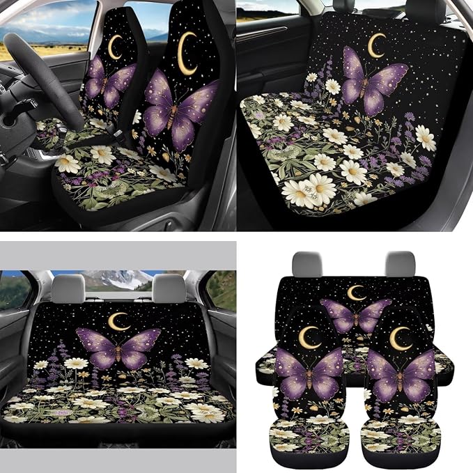15 Pcs Moon Butterfly Auto Interior Accessories Car Seat Covers with Auto Steering Wheel Cover Seat Belt Covers Car Trash Can View Mirror Cover Coaster Keychains
