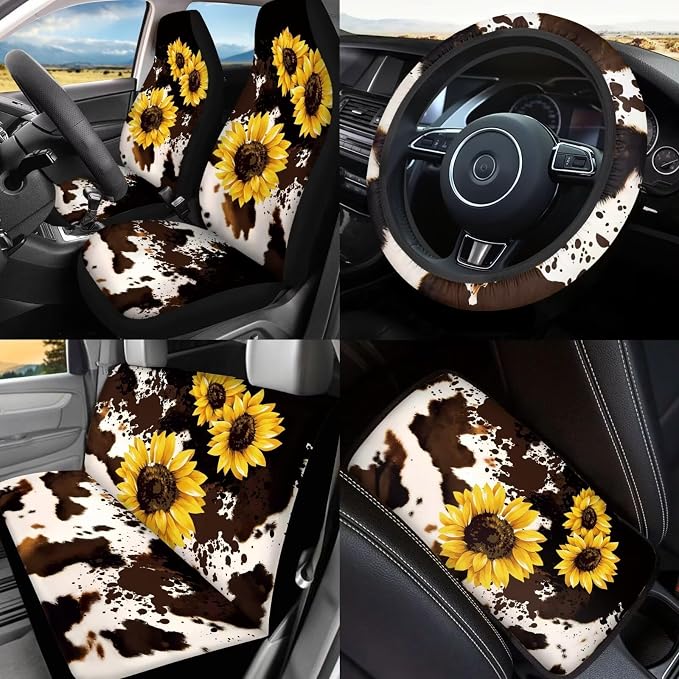 Sunflower Car Seat Covers Full Sets of 17 Pack,Brown Cow Print Car Accessories Sets for Women with Auto Head Rest Covers,Steering Wheel Auto Covers,Hanging Trash Bag,Universal Fit Most Auto