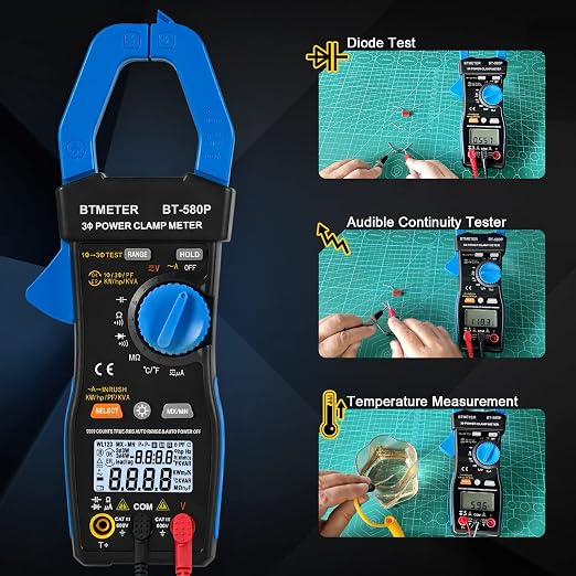 BTMETER 3-Phase True-RMS Power Clamp Multimeter with 9999 Counts, AC/DC Voltage & Amperage, KW/HP, Power Factor, KVA/VAR, Inrush Current & Temperature Test, Electrical Teste 580P
