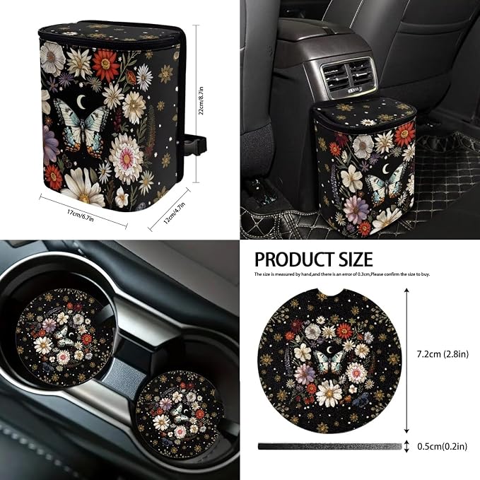 Suobstales Butterfly Daisy Moon Print Car Accessories Auto Seat Covers Full Set of 13 with Steering Wheel Cover, Seat Belt Pads, Trash Can, Coaster, Rearview Mirror Cover, Keychains for SUV Van