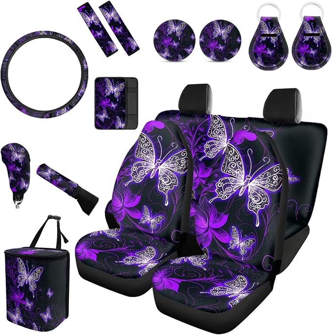 Forchrinse Neon Butterfly Car Seat Covers Full Set for Women 15Piece Auto Accessories Set with Butterfly Steering Wheel Cover Armrest Cover Seatbelt Pads Keyring Trash Can