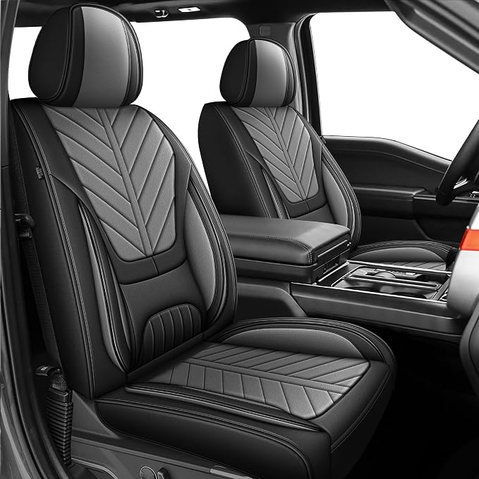 for Ford F150 2009-2026 Seat Covers F250 F350 F450 2017-2026 | Super Duty Faux Leather Front XL XLT Lariat Platinum STX Cab, Lumbar Support Seat Protectors (2 Front Set, Black&Grey)