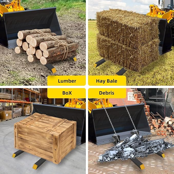 Heavy Duty 60" Clamp-On Pallet Forks for Tractor Loader Bucket – 4000 lbs Capacity – Adjustable Stabilizer Bar – Quick Attach Skid Steer Fork Attachment – Ideal for Farm and Agricultural Equipment