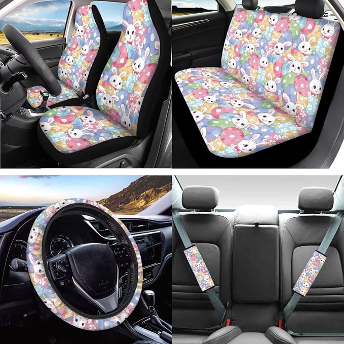 Easter Day Car Accessory Easter Rabbit Car Seat Covers Full Set Easter Egg Colorful Auto Steering Wheel Cover Keychain Seat Belt Pad Universal Fit,All Weather Protection 12Pcs,for SUV Truck