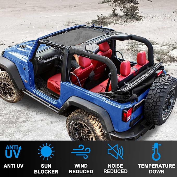 JK Sun Shade Top Compatible with Jeep Wrangler 4 Door 2007 to 2018 Sunshade Sunroof Bikini Cover Blocks UV Wind Noise Gray Mesh for Front