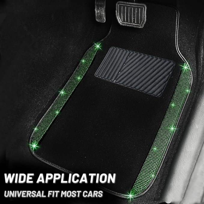NBTEPEM Bling Car Floor Mats Full Set and Steering Wheel Cover, Universal Fit Most Cars, 4 pcs Sparkle Glitter Diamond Carpet, 5 pcs Bling Car Accessories Set for Women (Green Diamond)