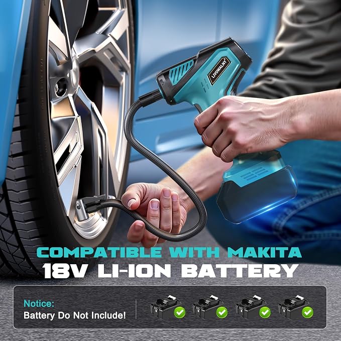 Tire Inflator Portable Air Compressor Compatible With Makita 18V Battery, LIVOWALNY 150PSI Air Pump, Cordless Tire Pump Digital Pressure Gauge, Tire Inflator for Car, Bike, Motorcycle (Tool Only)