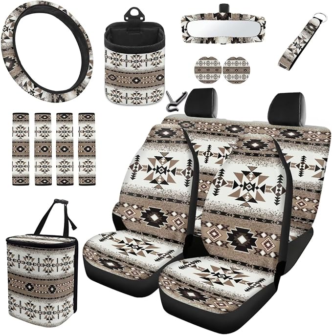 XYZCANDO Tribal Prints Automobile Accessories Sets 15 PCS Car Seat Cover Set Steering Wheel Cover Cover Garbage Bag Storage Box Seat Belt Pads Rear View Mirror Cover Coasters Keychain Fit Most Cars