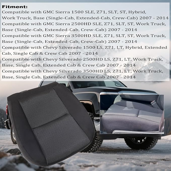 GXARTS Front Driver & Passenger Side Bottom & Top Lean Back Replacement Cloth Seat Cover & Center Console Cover Black #19C Fit for Chevy Silverado Avalanche Suburban Tahoe GMC Sierra Yukon 2007-2014