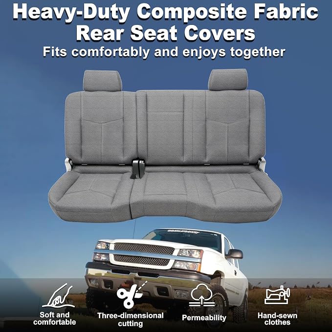 Seat Covers for Chevy Silverado & GMC Sierra 1500 1999 2000 2001 2002 2003 2004 2005 2006 Heavy Duty Cloth Protector Interior Accessories，Waterproof & Machine Washable-Gray (Rear)