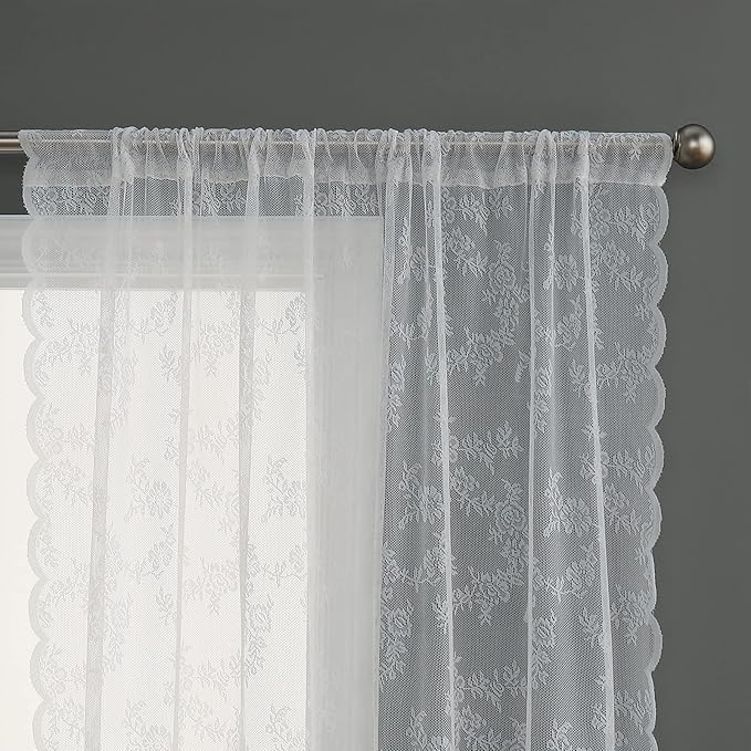 Sutuo Home White Lace Curtains 45 Inches Length 2 Panels Set, Sheer Traditional Florals Vintage Voile Window Panel Treatment for Bedroom/Living Room/Kitchen, Decor Rod Pocket W57 x L45